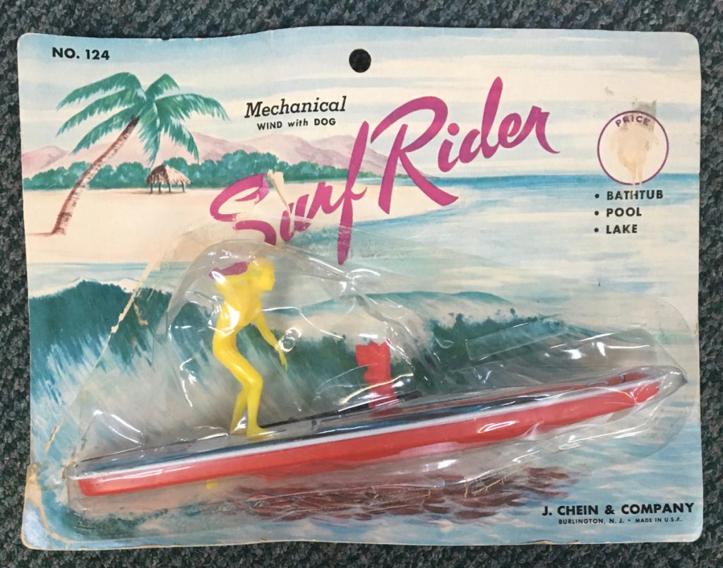 1960’s J Chein Surf Rider with Scottie Dog Tin Litho WindUp Mint on