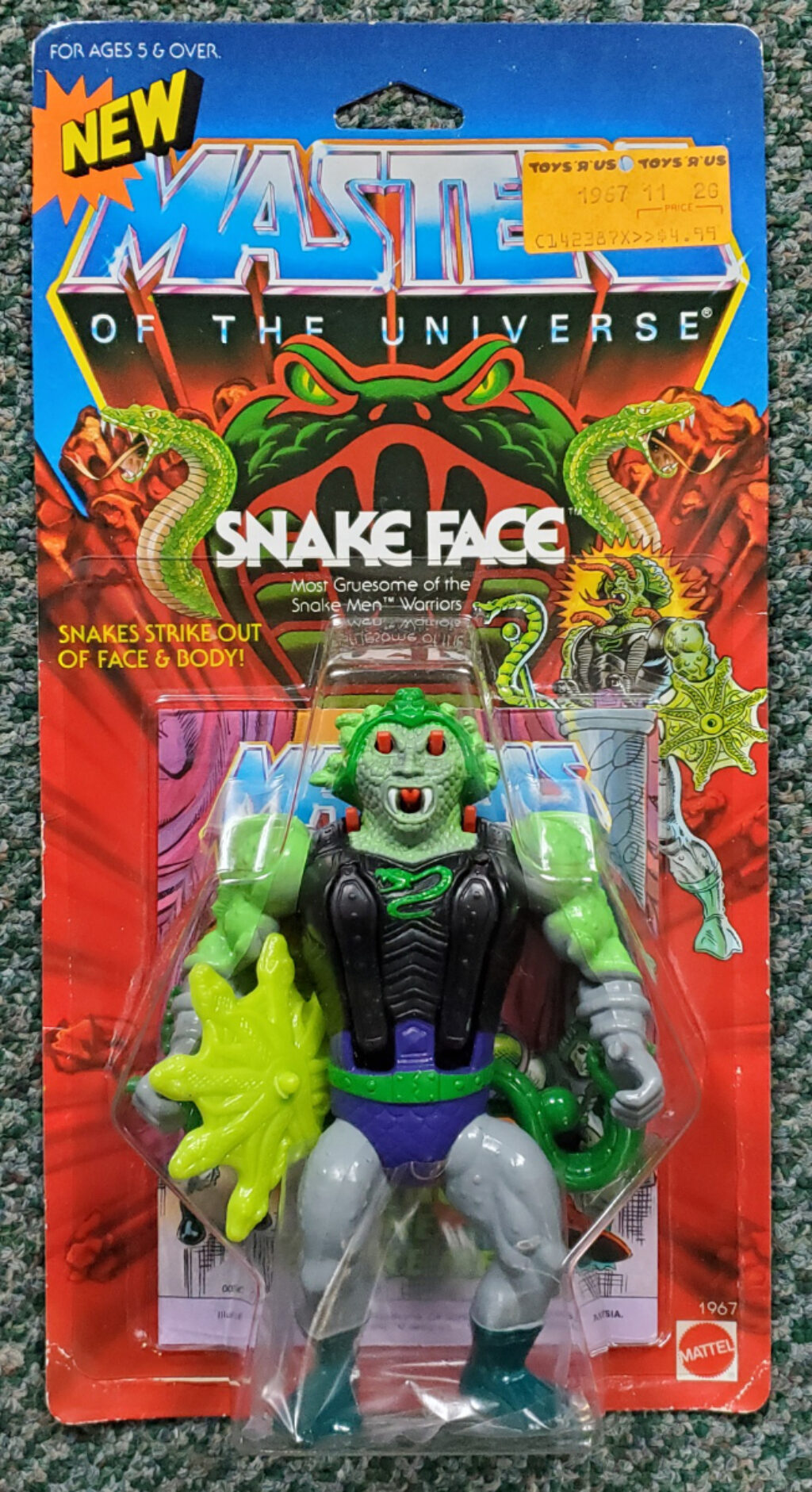 MOC 1986 Masters of the Universe (MOTU) Snake Face Action Figure on Unpunched Factory Sealed Card 1