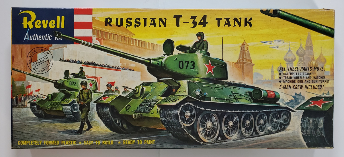 Vintage 1958 Revell Russian T-34 Tank Model Kit: Sealed in Box 1