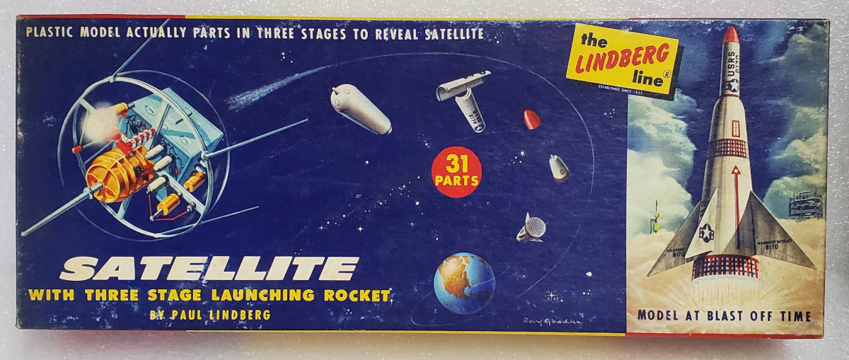 Vintage 1958 Lindberg Satellite with Three-Stage Launching Rocket Model Kit in the Box 1