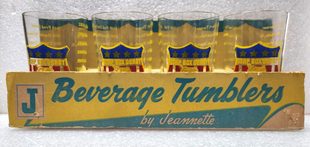 1959 Jeanette Soap Box Derby Glass Set in Package
