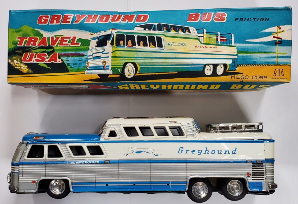 1950's HTC Japan MEGO Corp Tin Friction Travel USA Greyhound Bus Mint in the Box 1