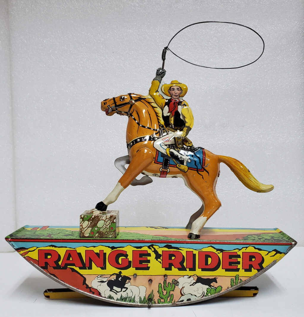 1940's Marx Tin Litho Wind-Up Range Rider on Rocker Base - Excellent Condition 1