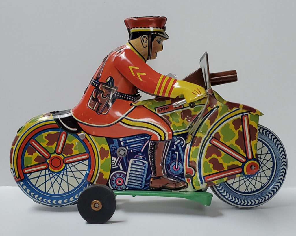 1940's Marx Tin Litho Wind-Up Sparking Motorcycle Soldier - Excellent Condition 1
