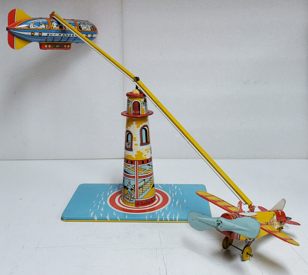 1933 Unique Art Mfg Sky Rangers Airplane and Zeppelin Tin Litho Wind-Up - Excellent Condition 1
