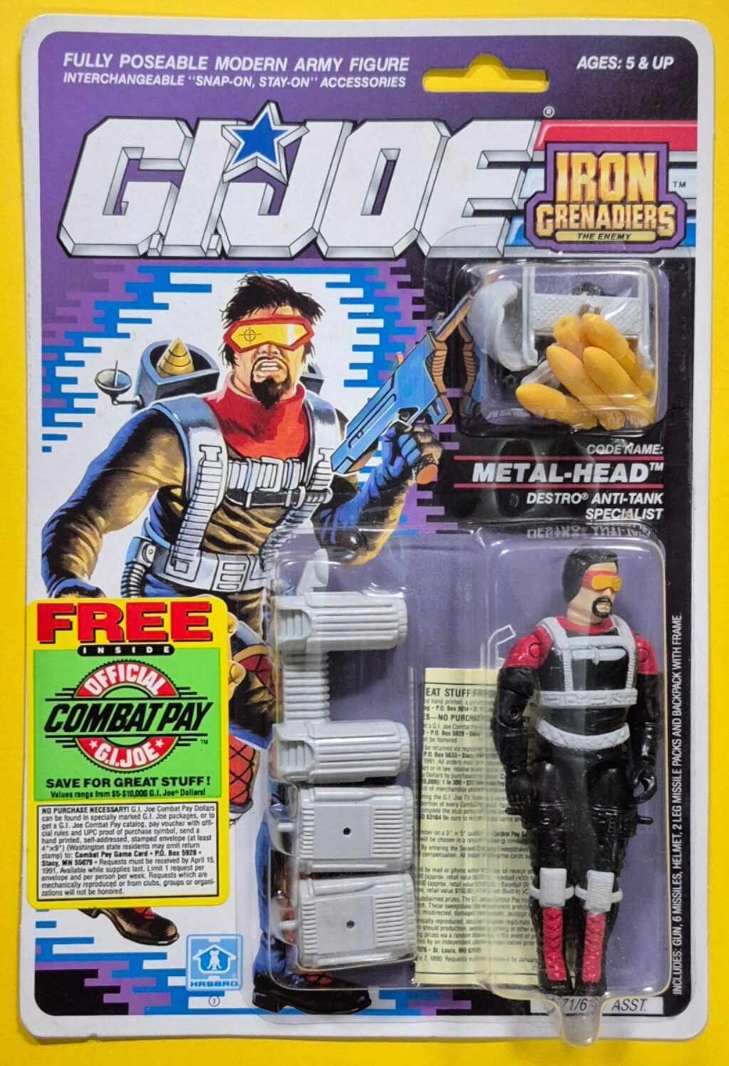 MOC 1989 Hasbro G.I. Joe ARAH Iron Grenadiers Metal-Head on Factory Sealed Combat Pay Card 1