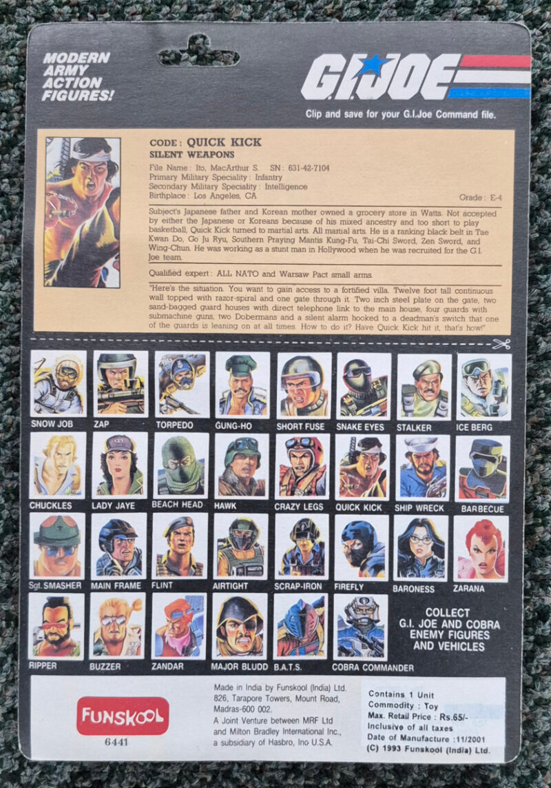 MOC 1993 G.I. Joe ARAH Funskool Quick Kick on Factory Sealed Card 2