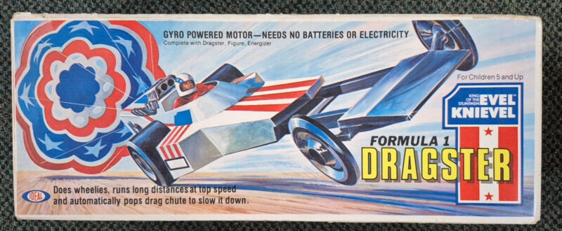 1975 Ideal Evel Knievel Formula 1 Dragster with Figure and Chute: Complete in Box 1