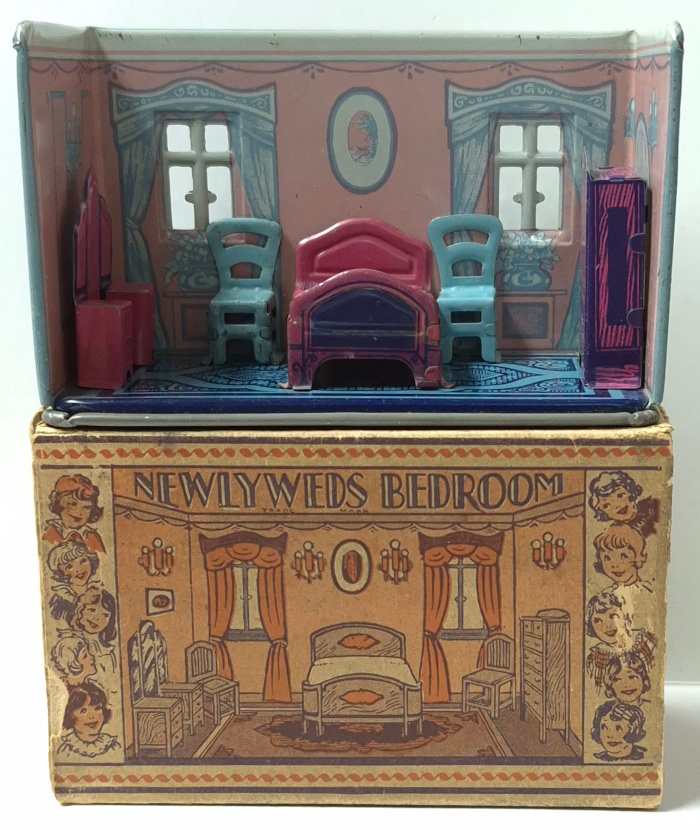 1930's Marx Tin Litho Home Town Series Bedroom Play Scene Diorama with Partial box 1