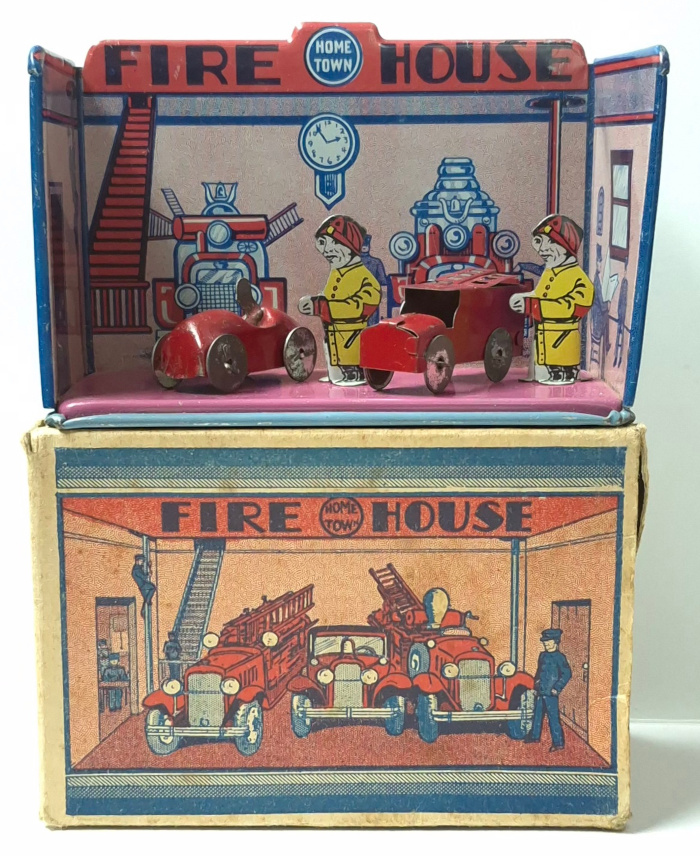 1930's Marx Tin Litho Home Town Series Fire Station Play Scene Diorama with Box 1