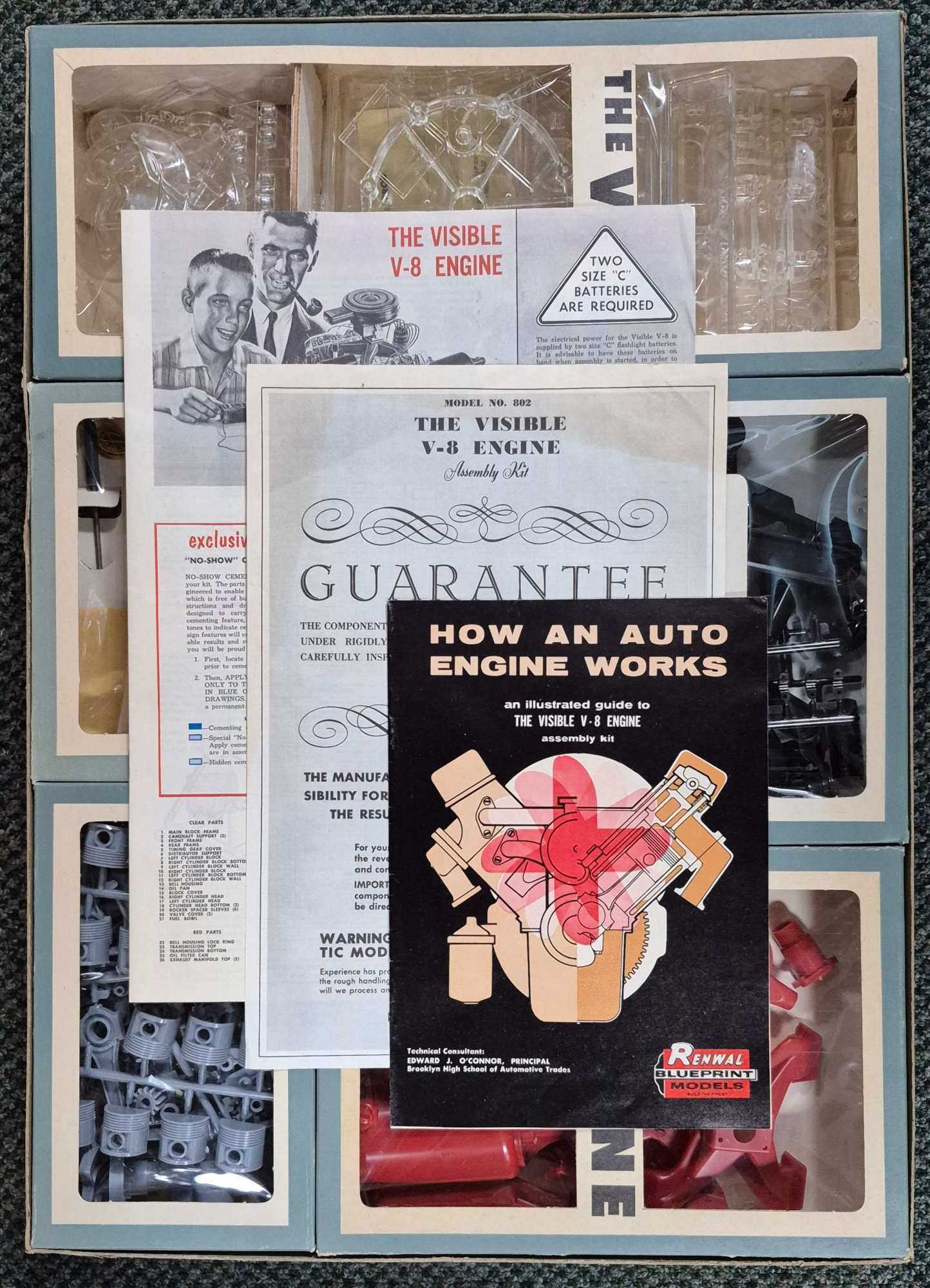 1960-renwal-the-visible-v8-autio-engine-model-kit-2 Vintage 1960 Renwal The Visible V8 Transparent Operating Auto Engine Model Kit Complete and Unbuilt in the Box 2