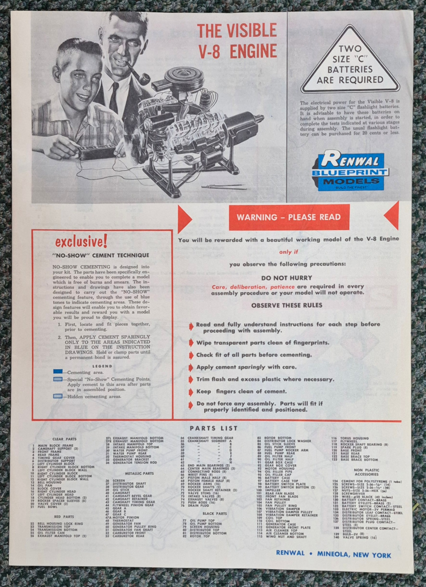 1960-renwal-the-visible-v8-autio-engine-model-kit-4 Vintage 1960 Renwal The Visible V8 Transparent Operating Auto Engine Model Kit Complete and Unbuilt in the Box 4