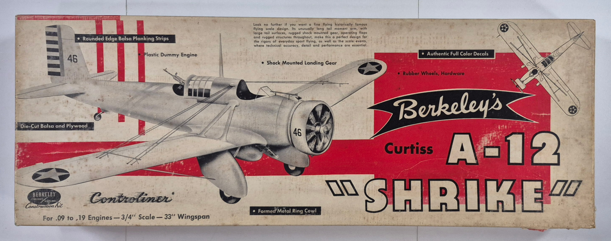 Vintage 1950's Berkeley Curtiss A-12 "Shrike" Balsa Wood Airplane Model Kit Unbuilt in the Box 1