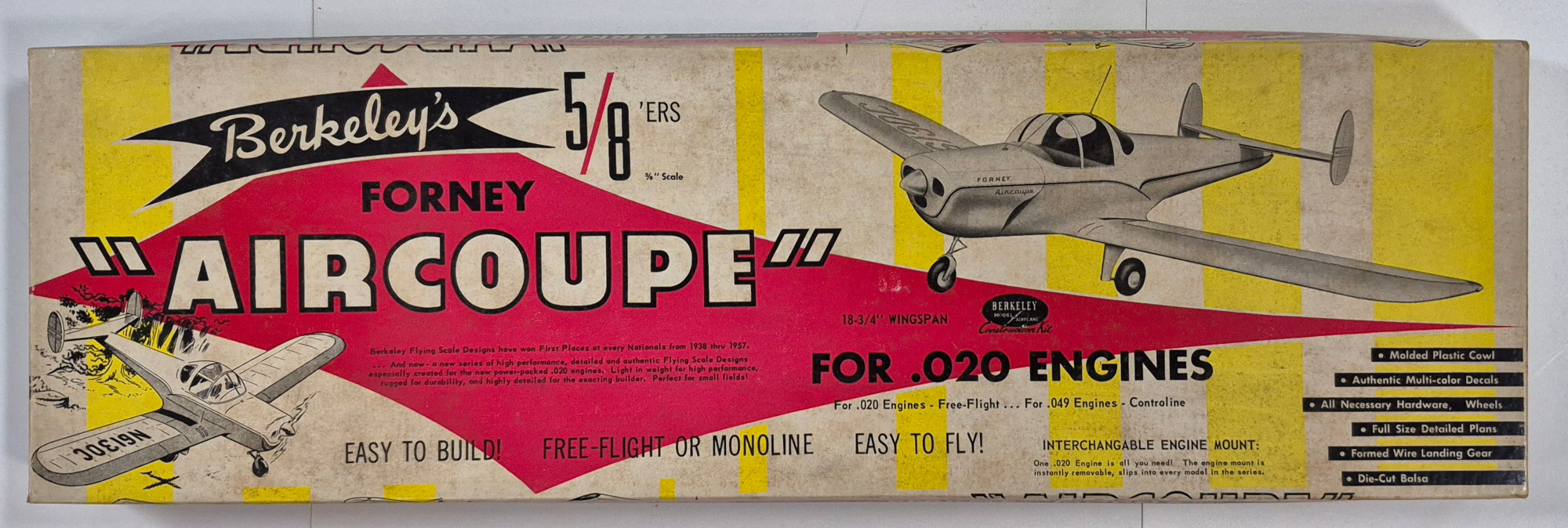 Vintage 1957 Berkeley Forney "Aircoupe" Balsa Wood Airplane Model Kit Unbuilt in the Box 1