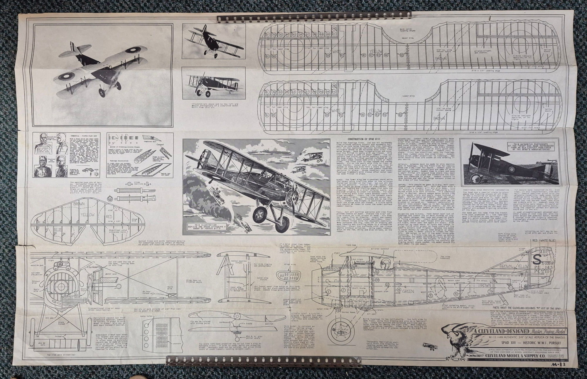 cleveland-designed-m-13-world-war-i-spad-xiii-balsa-wood-airplane-model-kit-6 Vintage 1945 Cleveland Models M-13 19" World War I Spad XIII Balsa Wood Airplane Model Kit Unbuilt in the Box 6