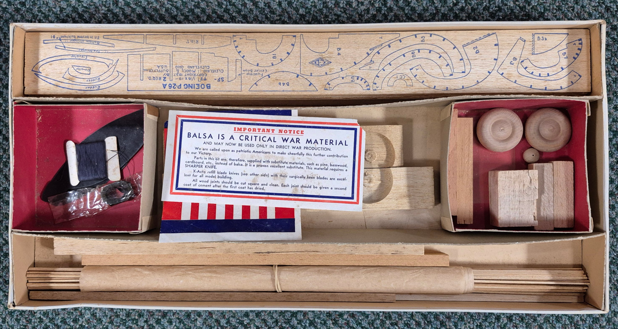 cleveland-designed-sf-60-boeing-p-26-a-balsa-wood-airplane-model-kit-2 Vintage 1944 Cleveland Model SF-60 Boeing P-26 A Balsa Wood Airplane Model Kit Unbuilt in the Box 2