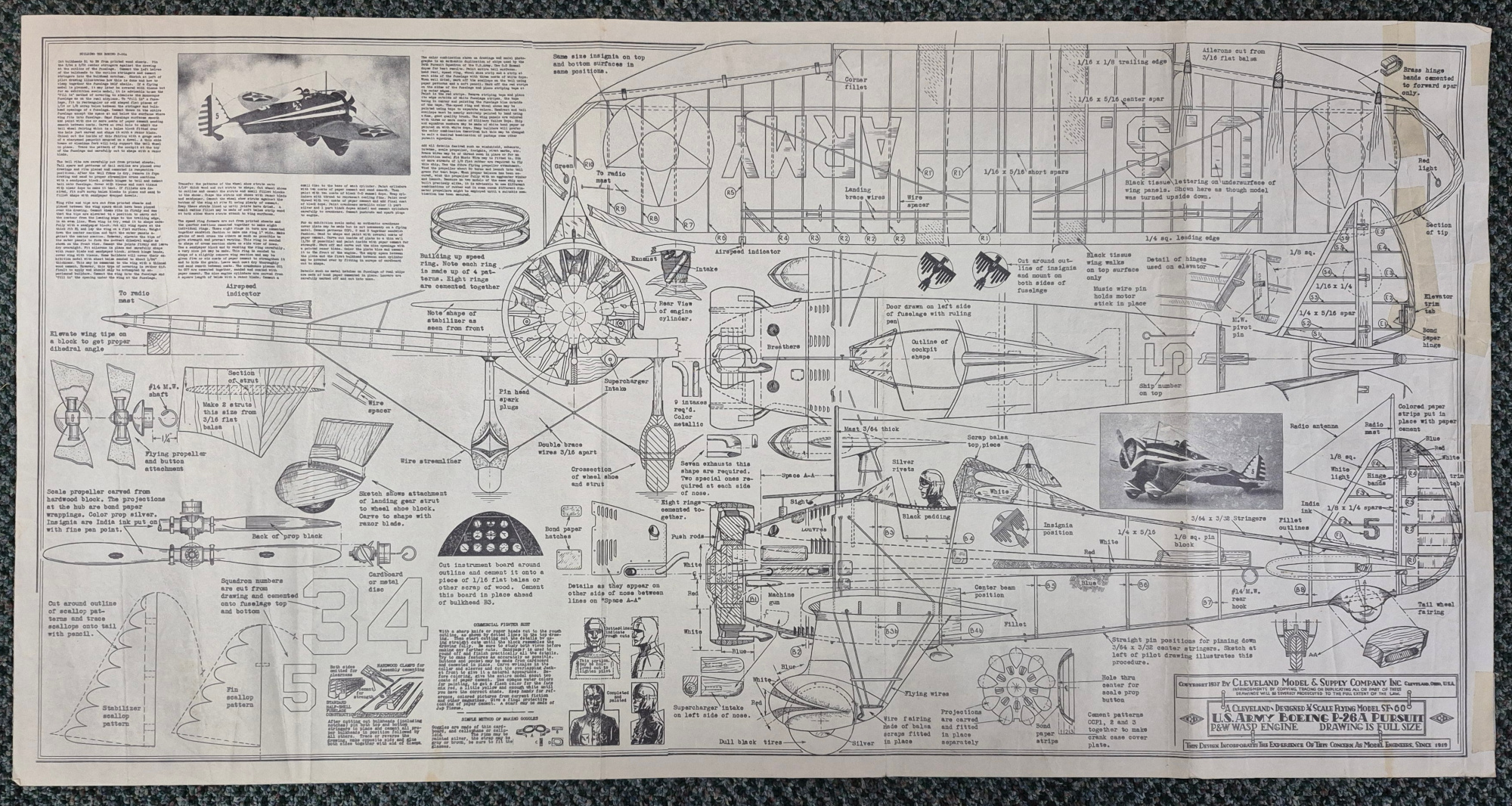cleveland-designed-sf-60-boeing-p-26-a-balsa-wood-airplane-model-kit-6 Vintage 1944 Cleveland Model SF-60 Boeing P-26 A Balsa Wood Airplane Model Kit Unbuilt in the Box 6