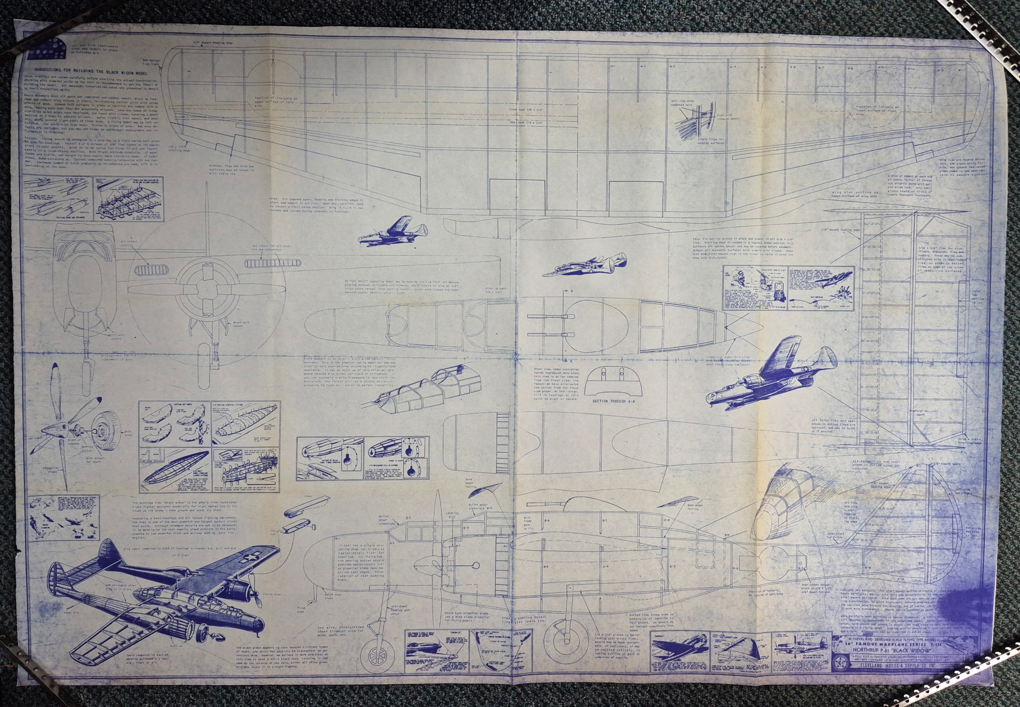 cleveland-designed-t-155-northrops-p-61-night-fighter-black-widow-balsa-wood-airplane-model-kit-6 Vintage 1943 Cleveland Designed T-155 36" Northrop's P-61 Night Fighter "Black Widow" Balsa Wood Airplane Model Kit Unbuilt in the Box 6