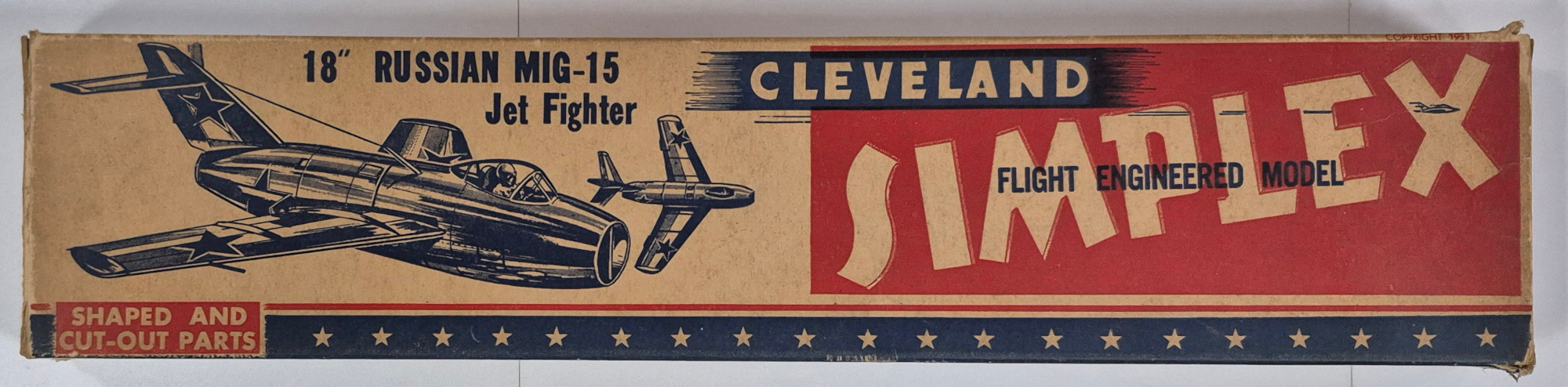 Vintage 1951 Cleveland Model Simplex S-124 Russian MIG-15 Jet Fighter Balsa Wood Airplane Model Kit Box & Plans 1