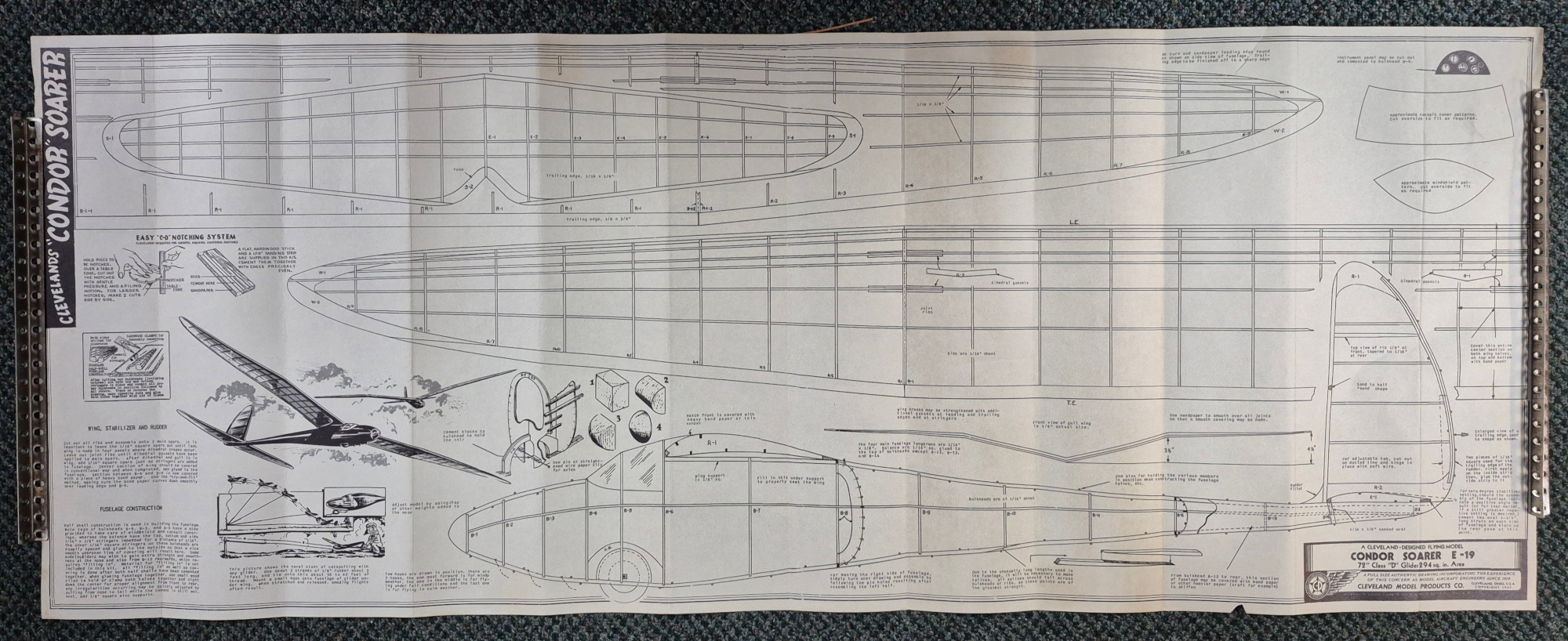 cleveland-models-e-19-condor-giant-soaring-glider-balsa-wood-model-kit-6 Vintage 1941 Cleveland Models E-19 72" Condor Giant Soaring Glider Balsa Wood Airplane Model Kit Unbuilt in the Box 6