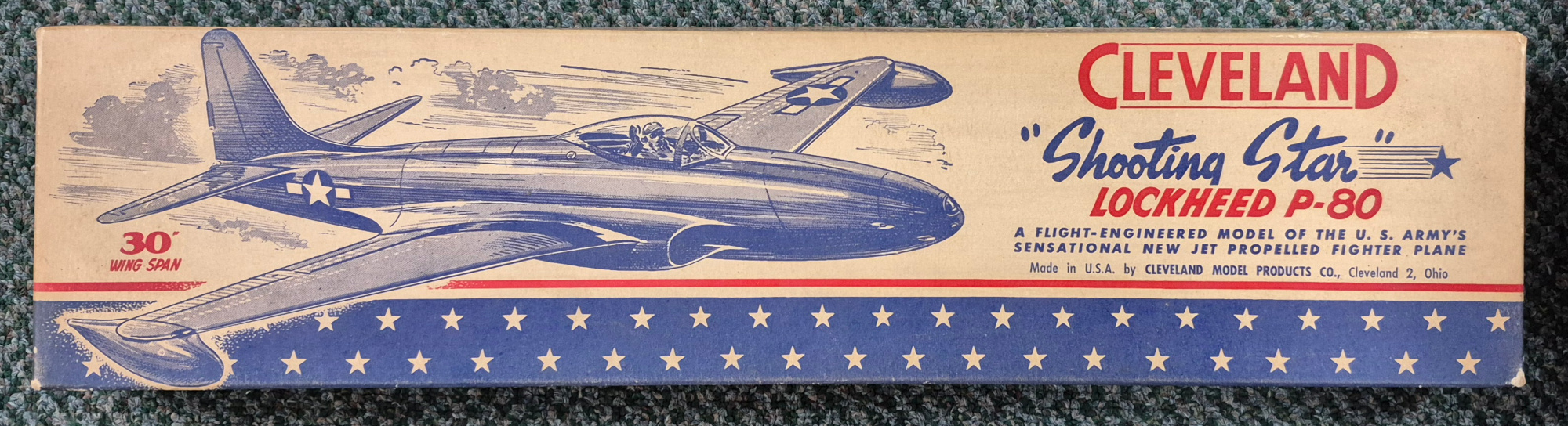 Vintage 1946 Cleveland Models IT-90 30" Shooting Star Lockheed P-80 Balsa Wood Airplane Model Kit Unbuilt in the Box 1