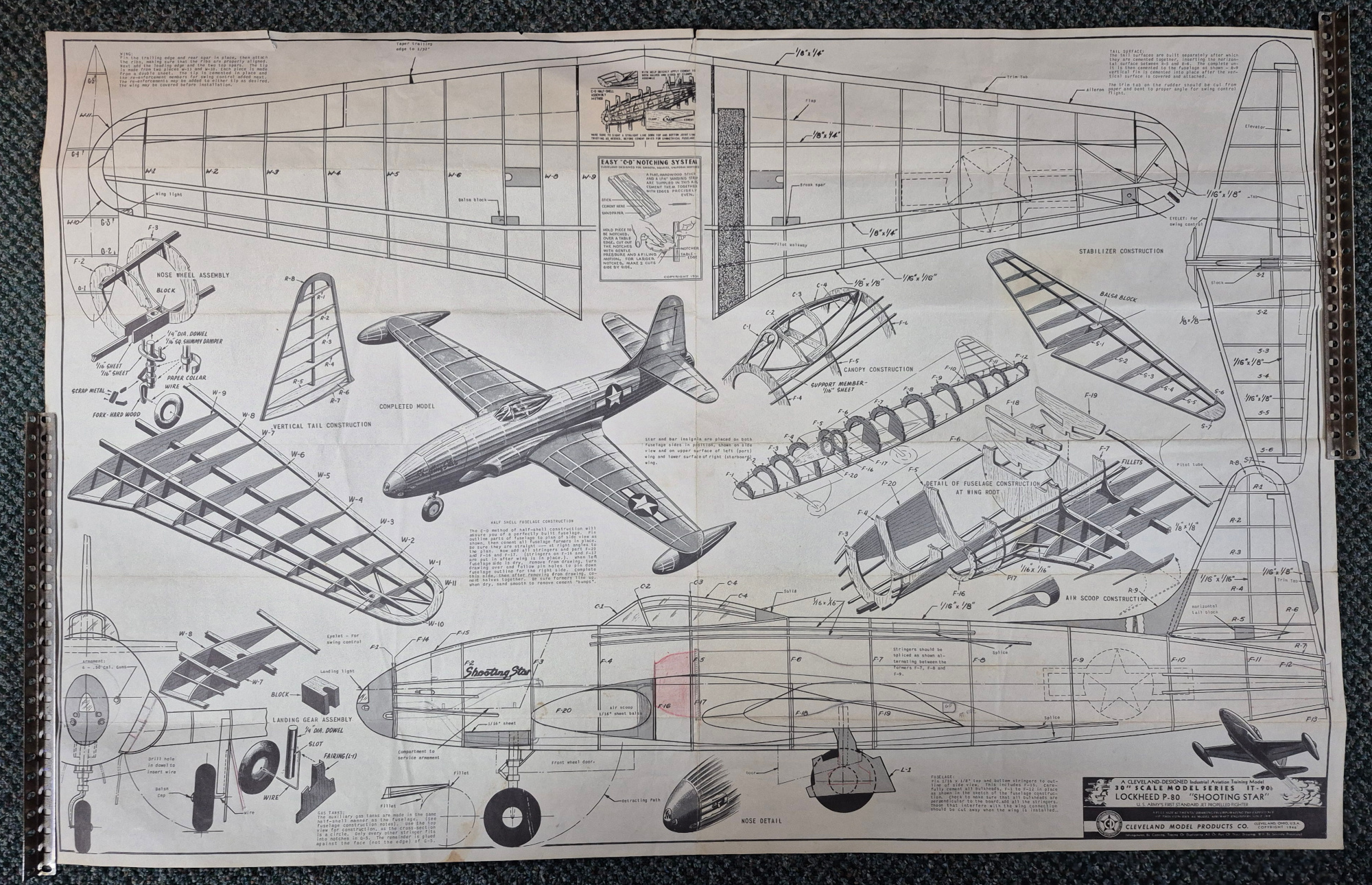 cleveland-models-it-90-3022-shooting-star-lockheed-p-80-balsa-wood-airplane-model-kit-7 Vintage 1946 Cleveland Models IT-90 30" Shooting Star Lockheed P-80 Balsa Wood Airplane Model Kit Unbuilt in the Box 7