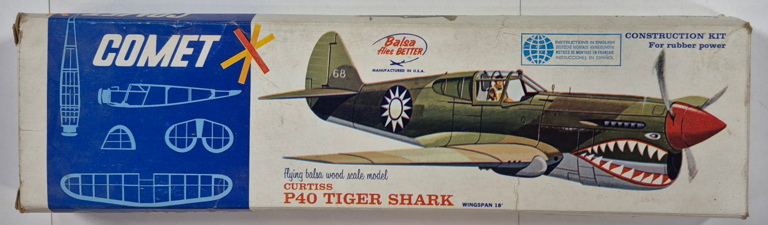 comet-curtiss-p40-tiger-shark-balsa-wood-airplane-model-kit-1 1986 Comet Curtiss P40 Tiger Shark Balsa Wood Airplane Model Kit Unbuilt in the Box 1