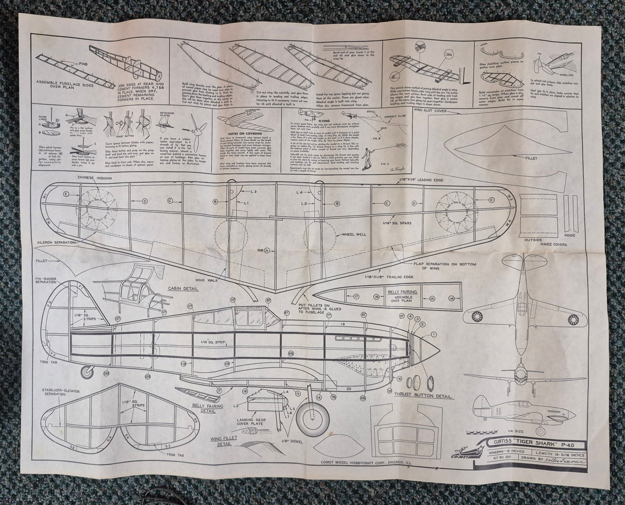 comet-curtiss-p40-tiger-shark-balsa-wood-airplane-model-kit-3 1986 Comet Curtiss P40 Tiger Shark Balsa Wood Airplane Model Kit Unbuilt in the Box 3
