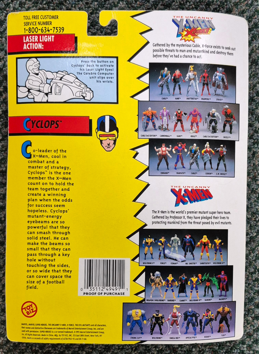 toy-biz-uncanny-x-men-laser-light-eyes-cyclops-2 Toy Biz 1993 Uncanny X-Men Blue & Yellow Cyclops Action Figure: Mint on Card 2