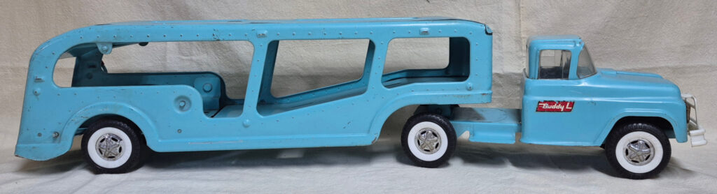 1960's Buddy L Light Blue Car Carrier with Ramp Pressed Steel Truck 1