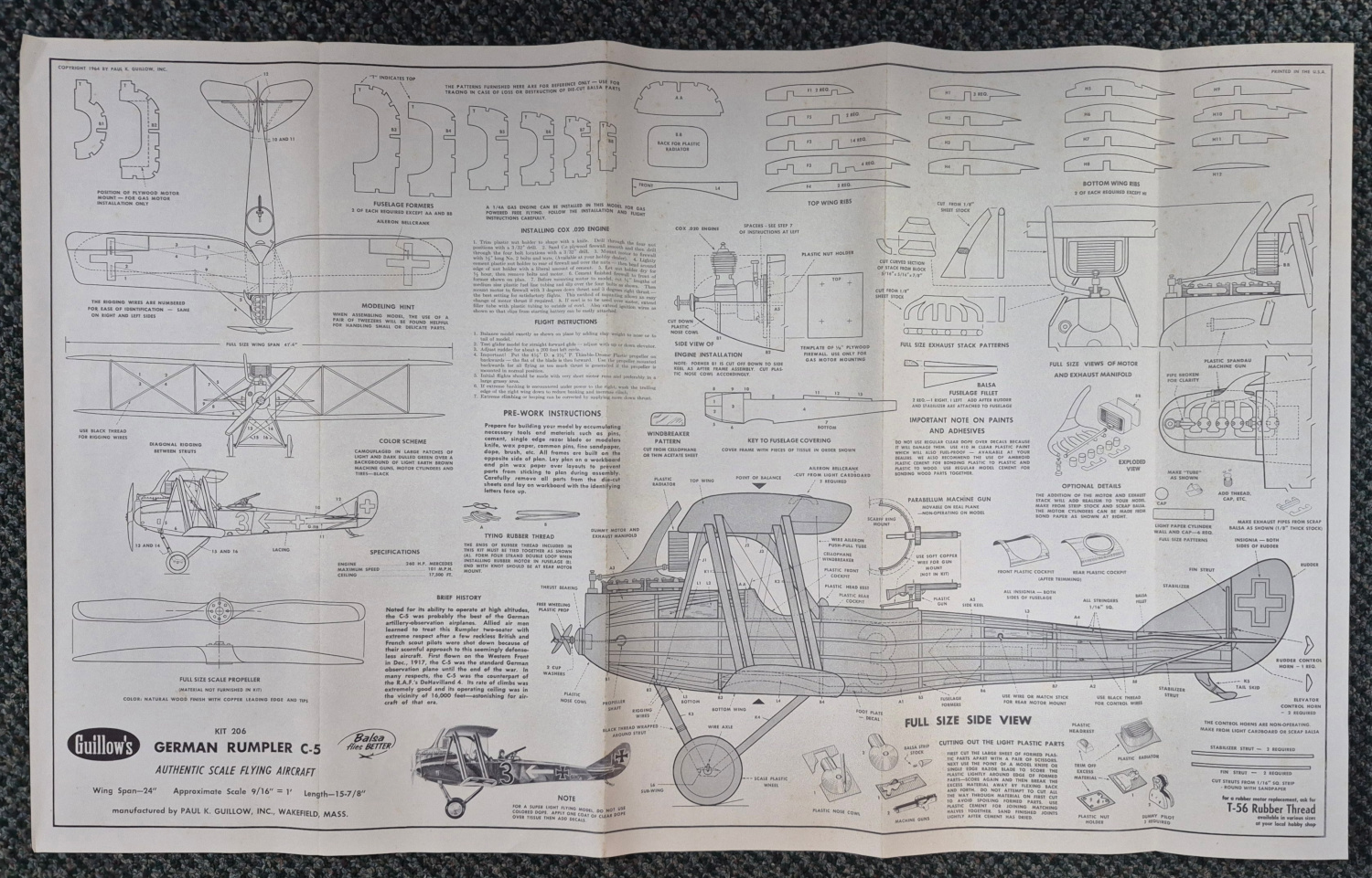 guillows-german-ruimpler-c5-wwi-reconaissance-balsa-wood-model-airplane-6 Vintage 1964 Guillow's German Rumpler C5 Balsa Wood Airplane Model Kit in Box 6