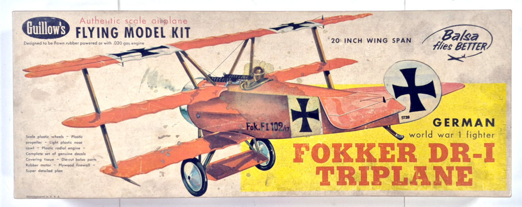 Vintage 1958 Guillow's Fokker DR-1 Triplane Balsa Wood Airplane Model Kit in Box 1