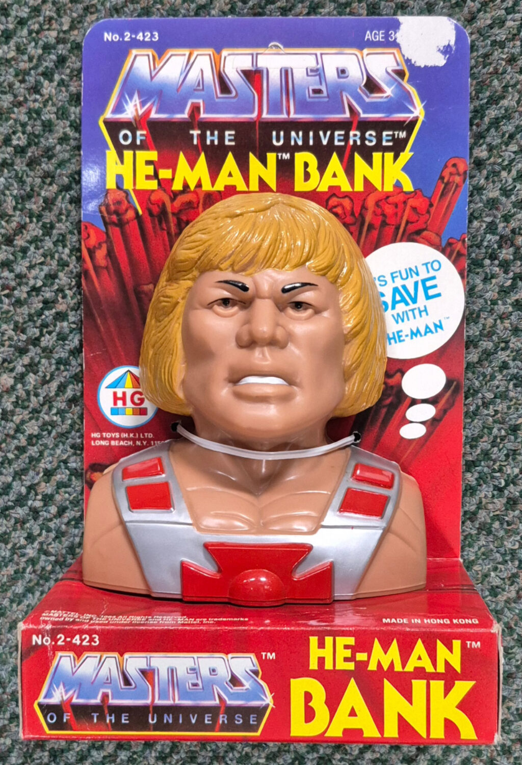 1984 HG Toys Masters of the Universe (MOTU) He-Man Bank - Mint in Package 1