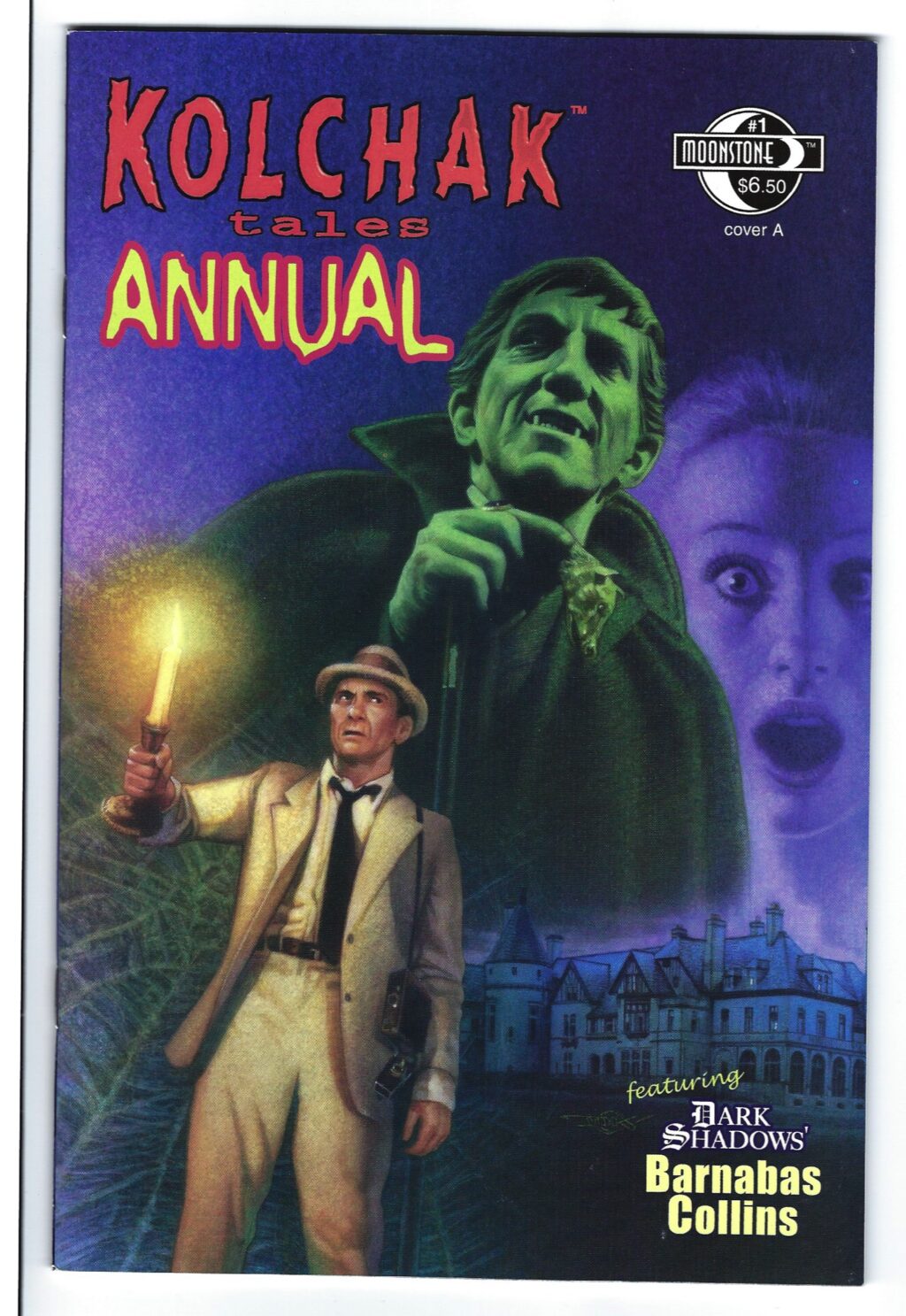 Title: Kolchak Tales Issue: Annual Publisher: Moonstone Comics Date: 209 Grade: NM+ (9.6) White pages Bright, colorful inks Clean, flat cover with nice gloss Straight, clean edges Sharp corners Straight, clean spine Clean, original staples No missing pages or cut outs Key issue: Features Barnabas Collins from Dark Shadows 1