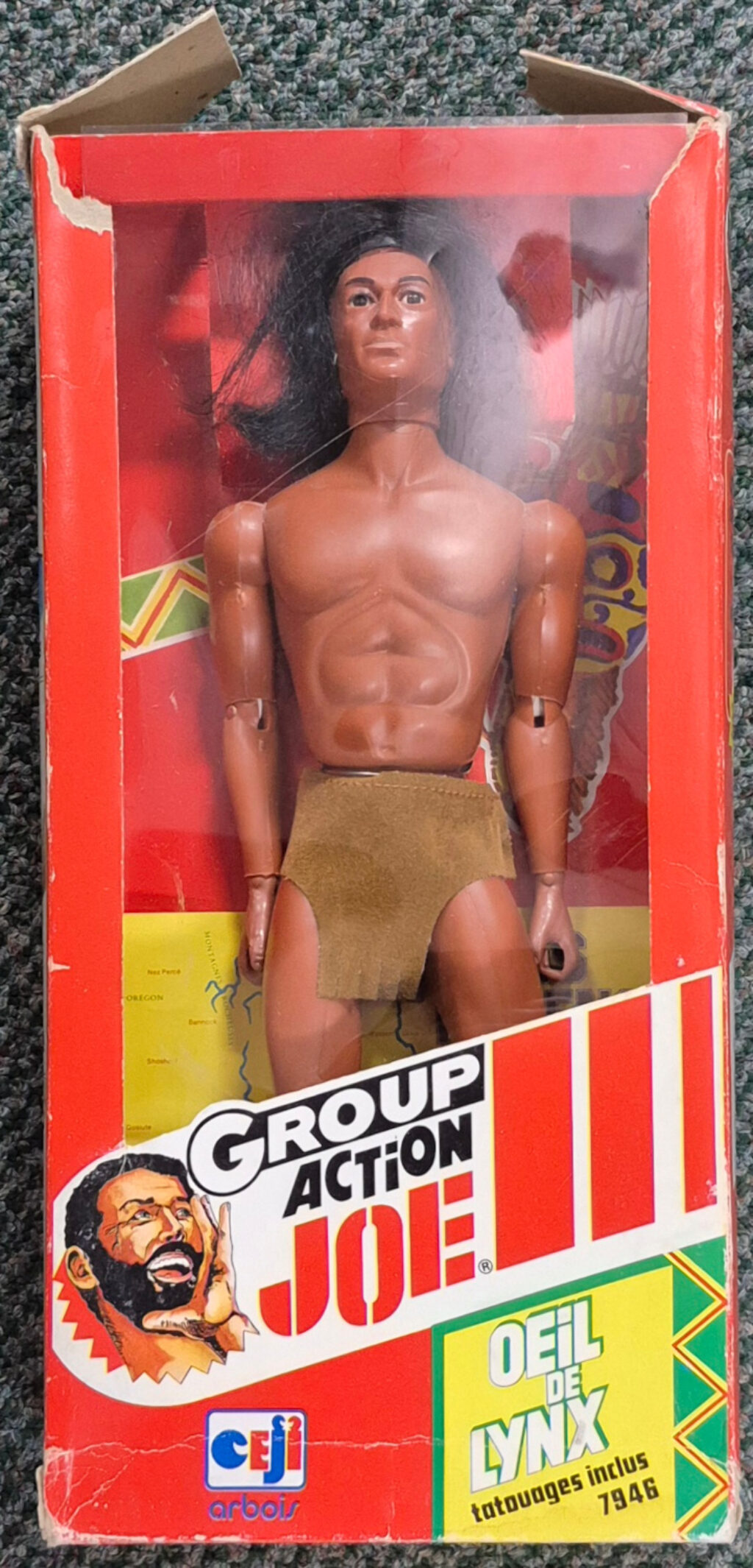 1976 Hasbro Ceji Arbois G.I. Joe Group Action Joe Oeil de Lynx Native American Figure in Box with Map and Tattoos 1