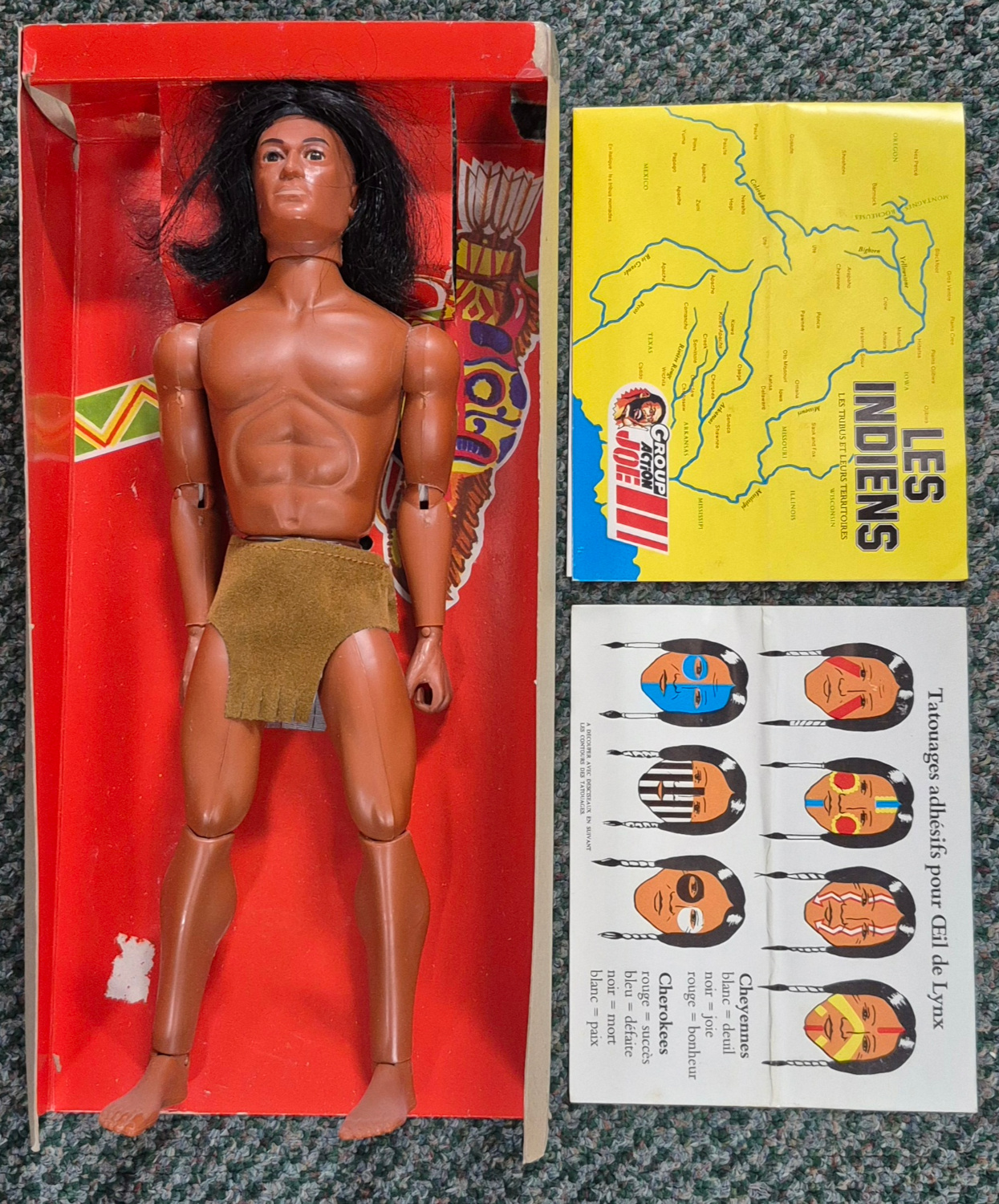 hasbro-ceji-arbois-group-action-joe-oeil-de-lynx-figure-map-and-tattoos-5 1976 Hasbro Ceji Arbois G.I. Joe Group Action Joe Oeil de Lynx Native American Figure in Box with Map and Tattoos 5